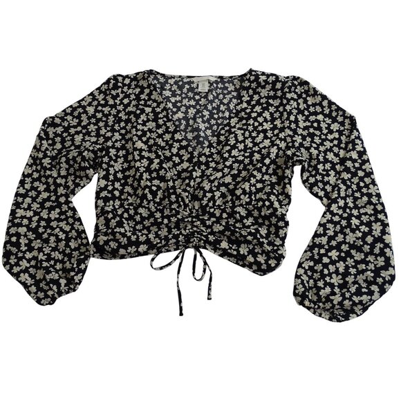 H&M Black Floral Crop Top Long Sleeve V-Neck Drawstring Hem Blouse Women Size M - Picture 1 of 12
